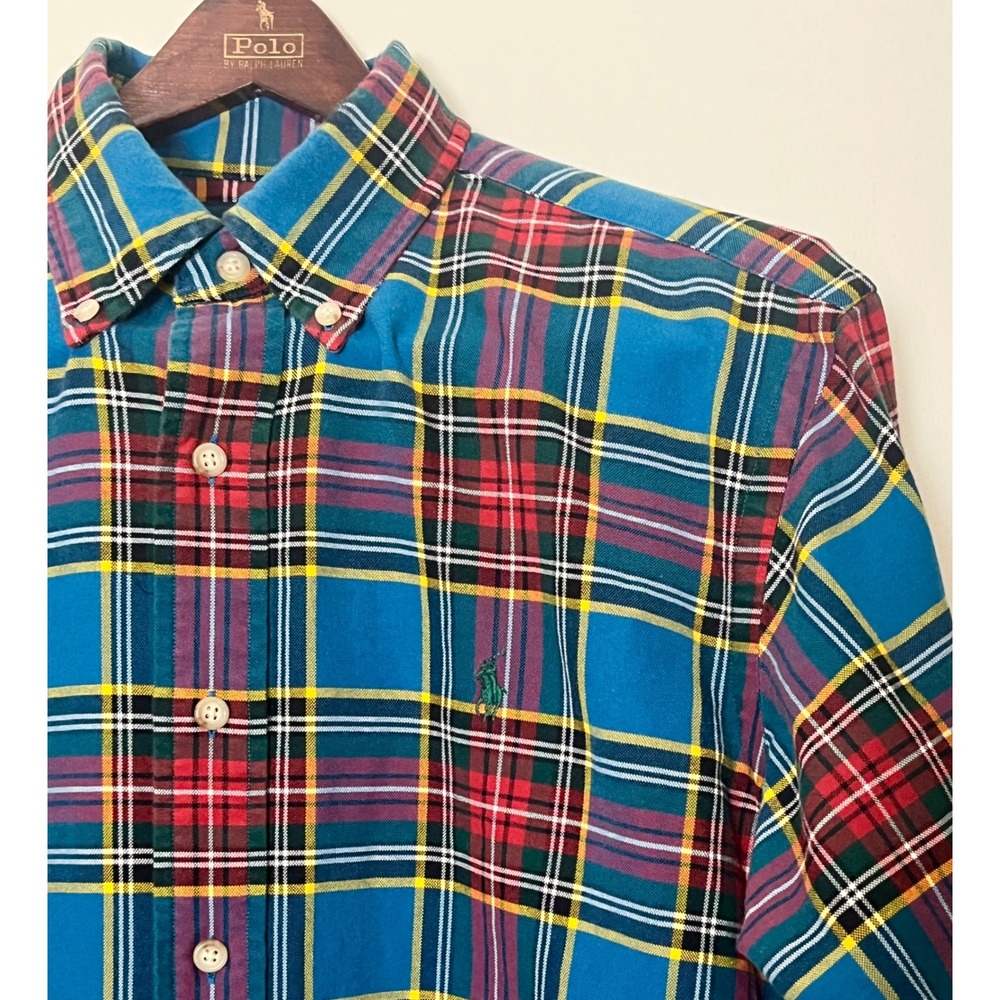 Ralph Lauren Plaid Button Down Shirt Mens Med Blue Red Academia Logo Preppy VNTG